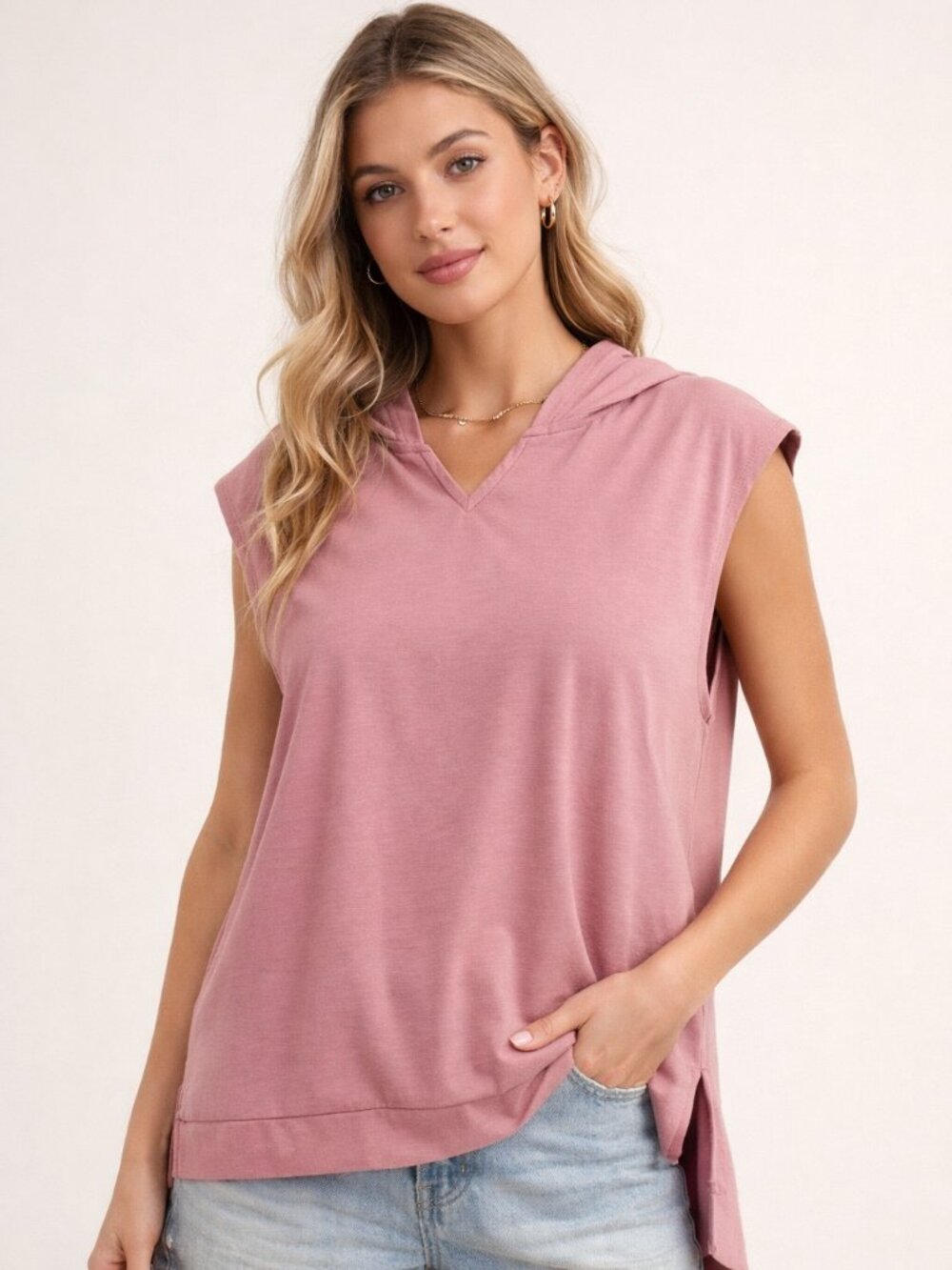 Heyson Dusty Pink Sleeveless Hoodie Top | Soft Knit Athleisure Boho Casual